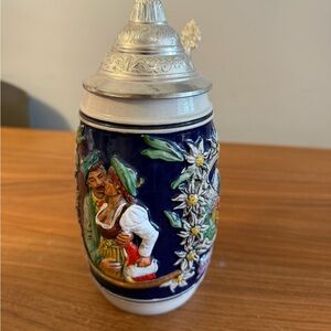 Vintage German-Style Ceramic Beer Stein with Pewter Lid - Blue & White
